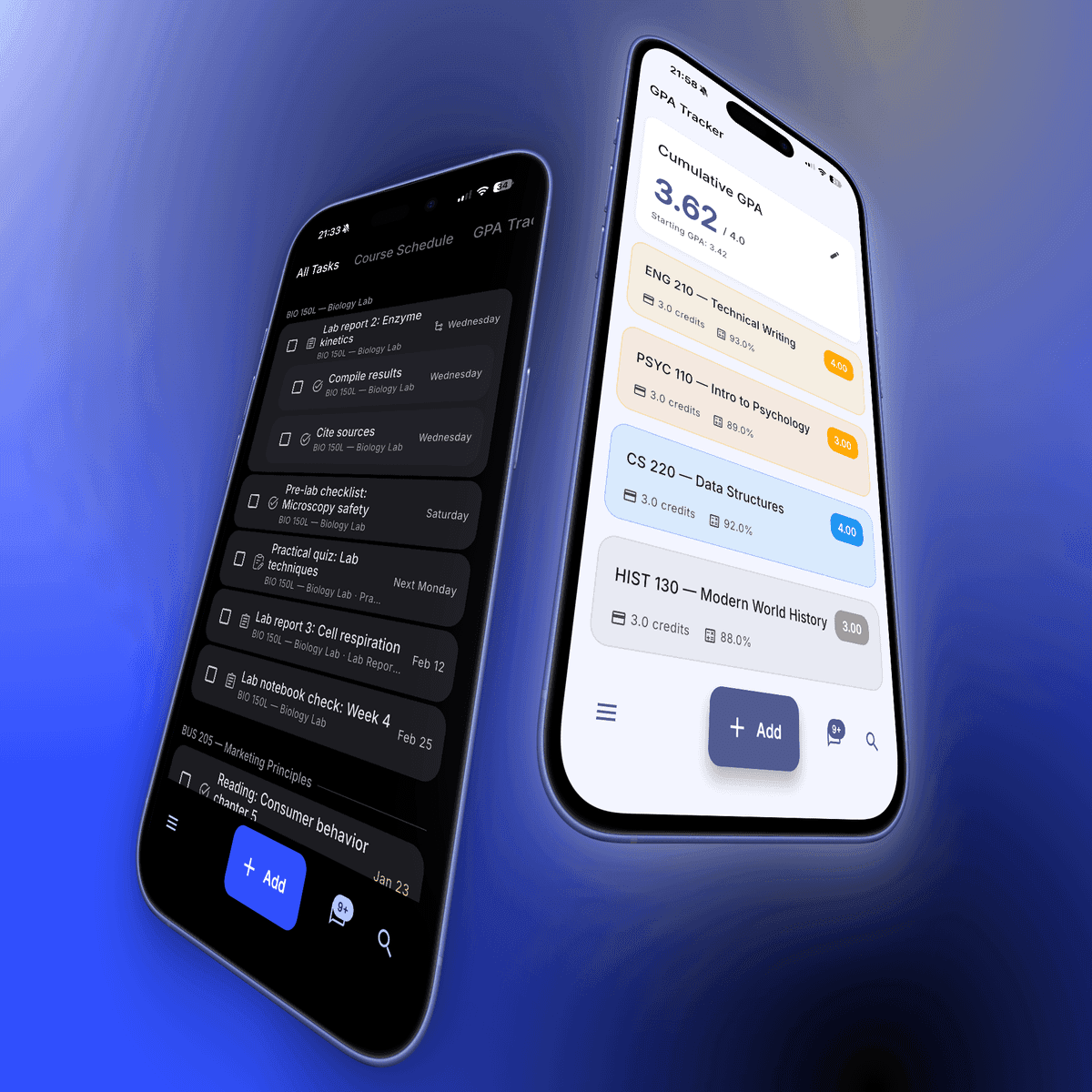 Stu.Do app — task list and GPA tracker screens